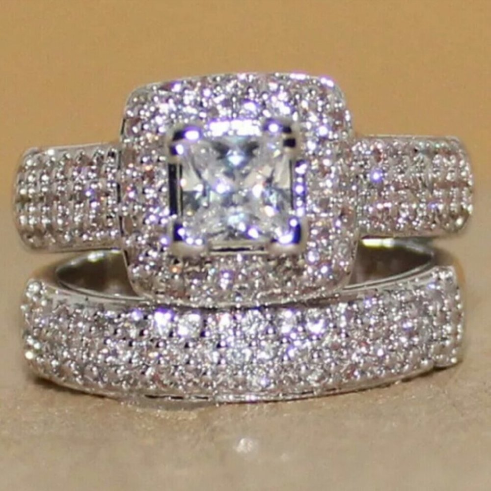 🔥Shiny Princess Cut Square Zircon Delicate Luxury Silver Ring Set, UNVN12306 - Picture 2 of 6